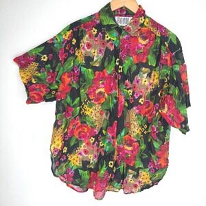Vintage Boom Floral Cotton Gauze Button Shirt Women Medium Bright Multicolor 90s